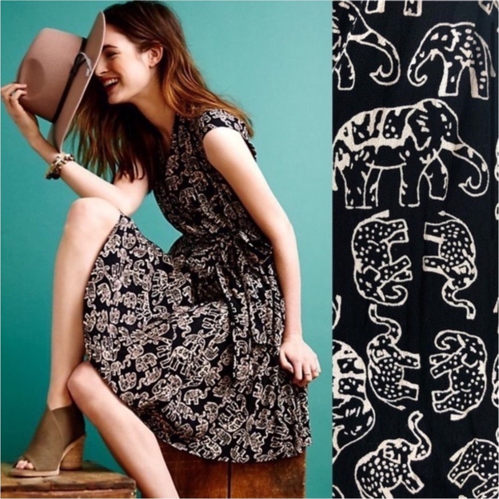 Anthropologie Maeve Noronha Elephant Faux Wrap Dress Black S
